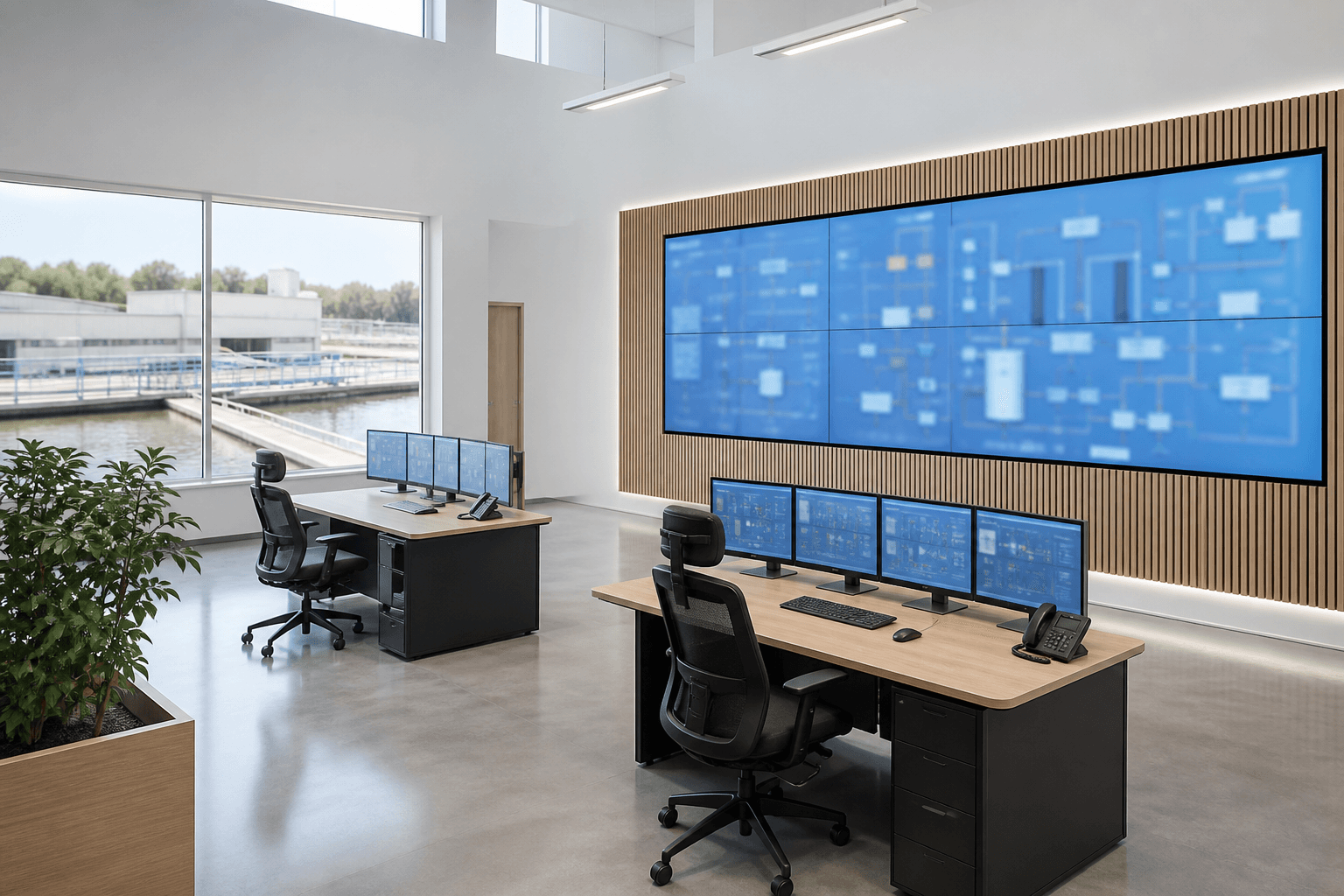 The control room of a delivered plant, with process graphics on a wall of monitors