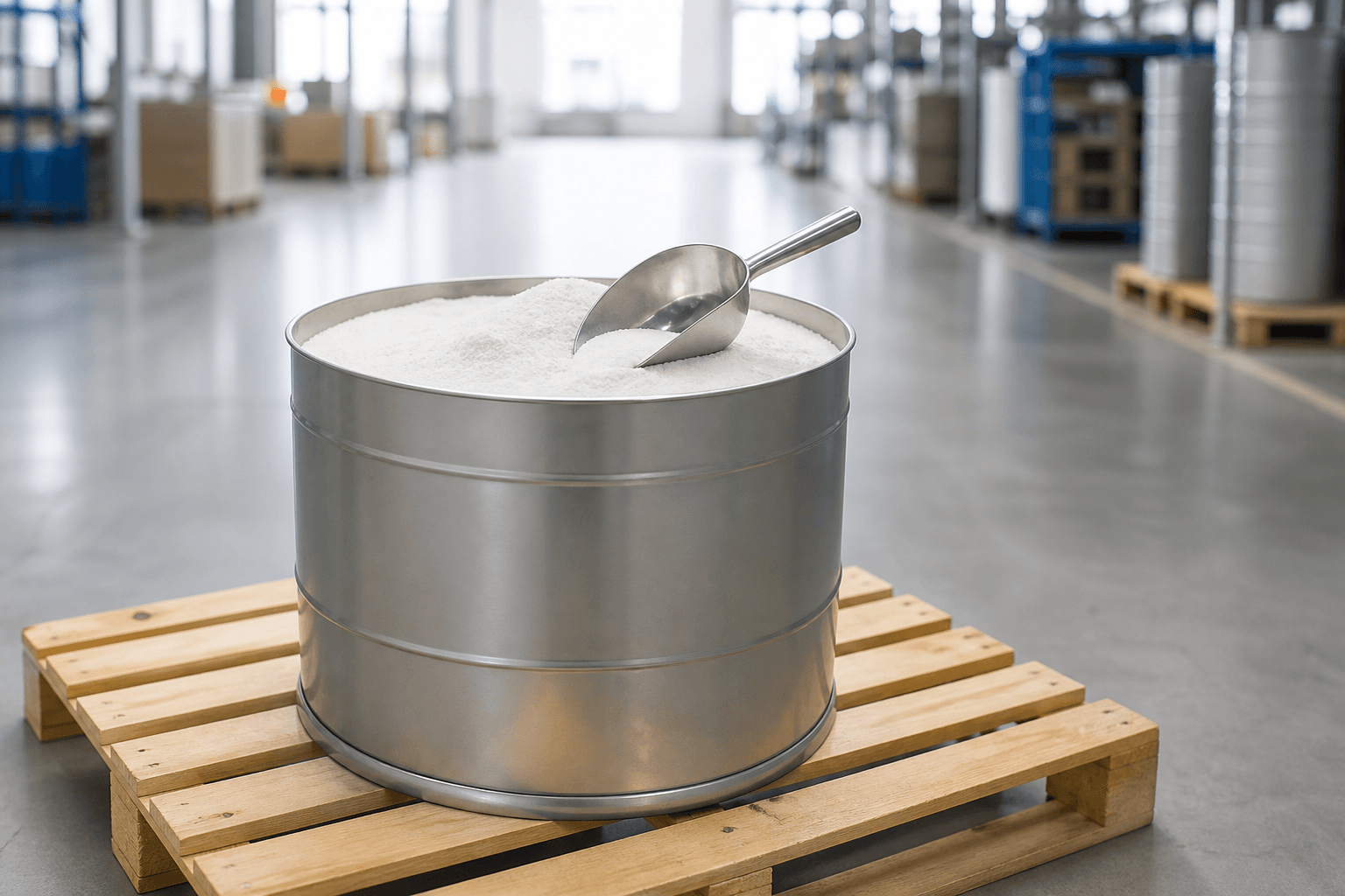 A drum of battery-grade white lithium carbonate powder with a scoop, in a bright production warehouse