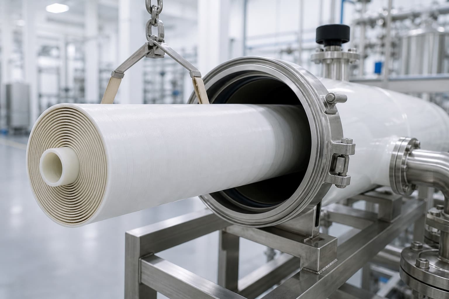 A spiral-wound membrane element being loaded into its pressure vessel