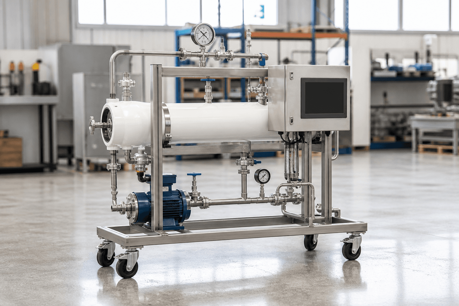 A compact pilot membrane-filtration skid with a pressure vessel, pump and instrumentation