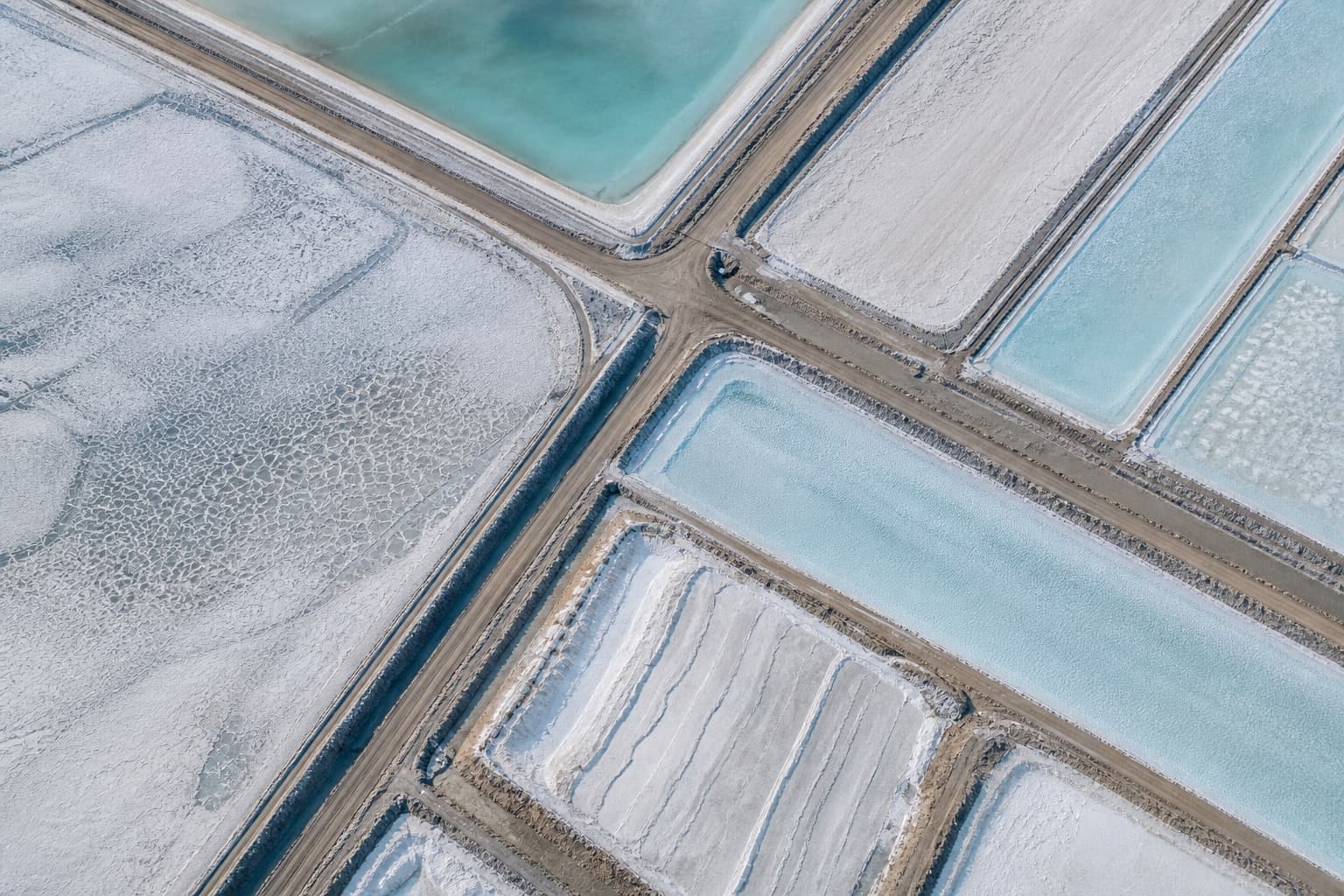 Aerial view of salt crystallization ponds