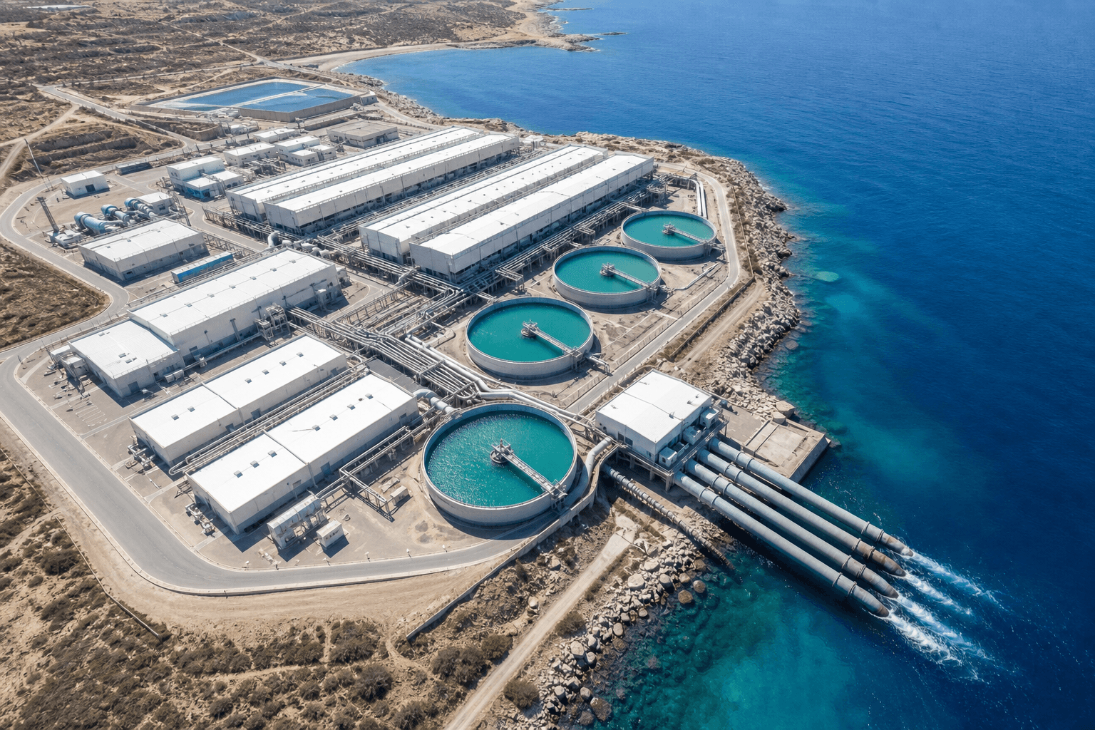 Aerial view of a coastal desalination plant: treatment halls, water basins and intake pipelines running into the sea