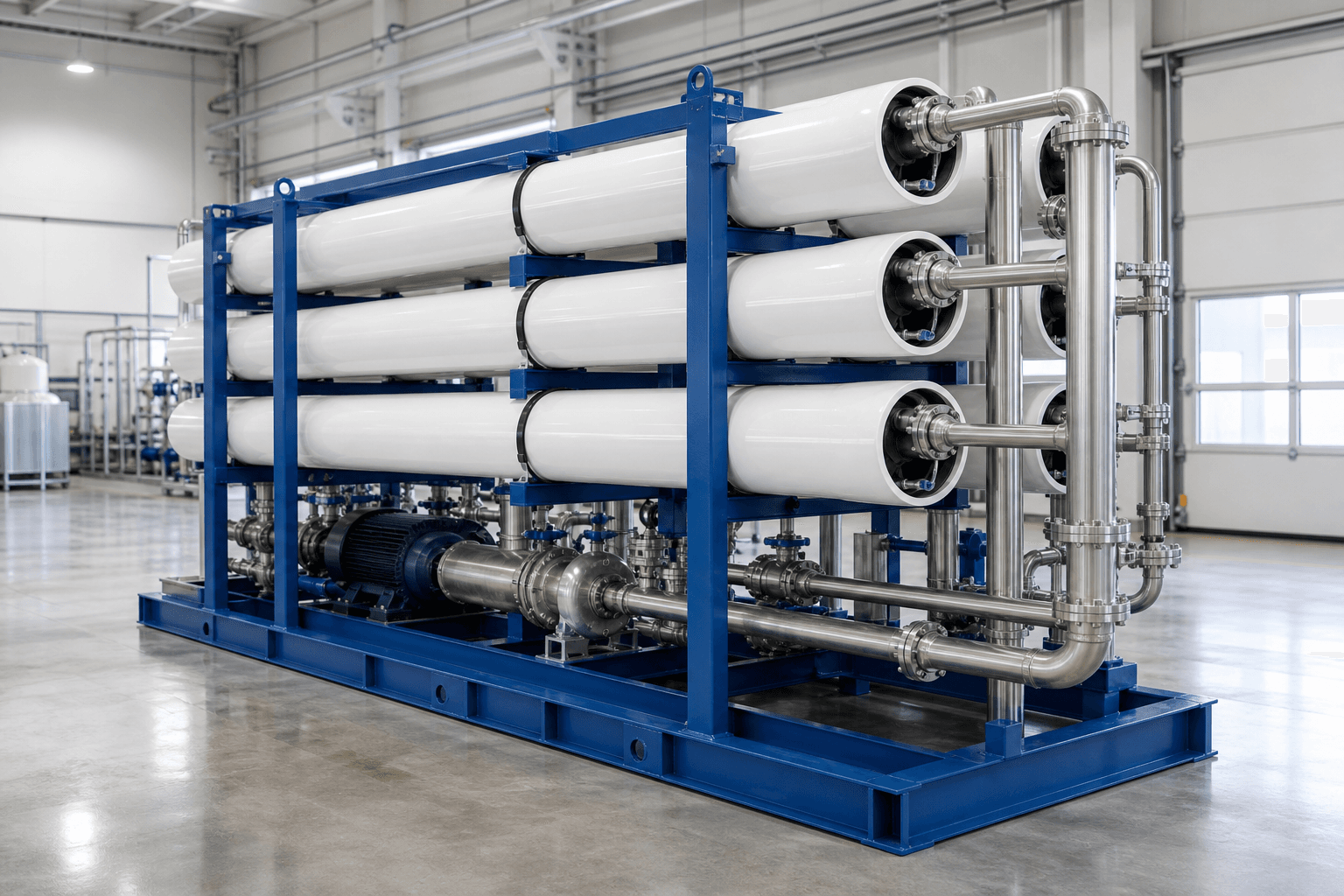 A high-pressure membrane concentration skid: rows of white pressure vessels on a blue steel frame with pumps and stainless piping