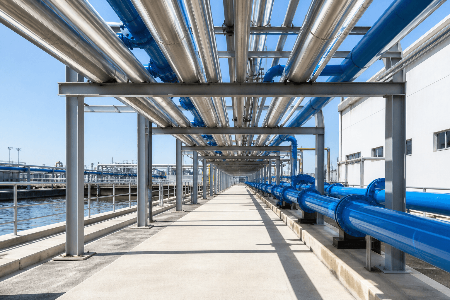 A pipe-rack corridor at an industrial water treatment plant, receding in one-point perspective