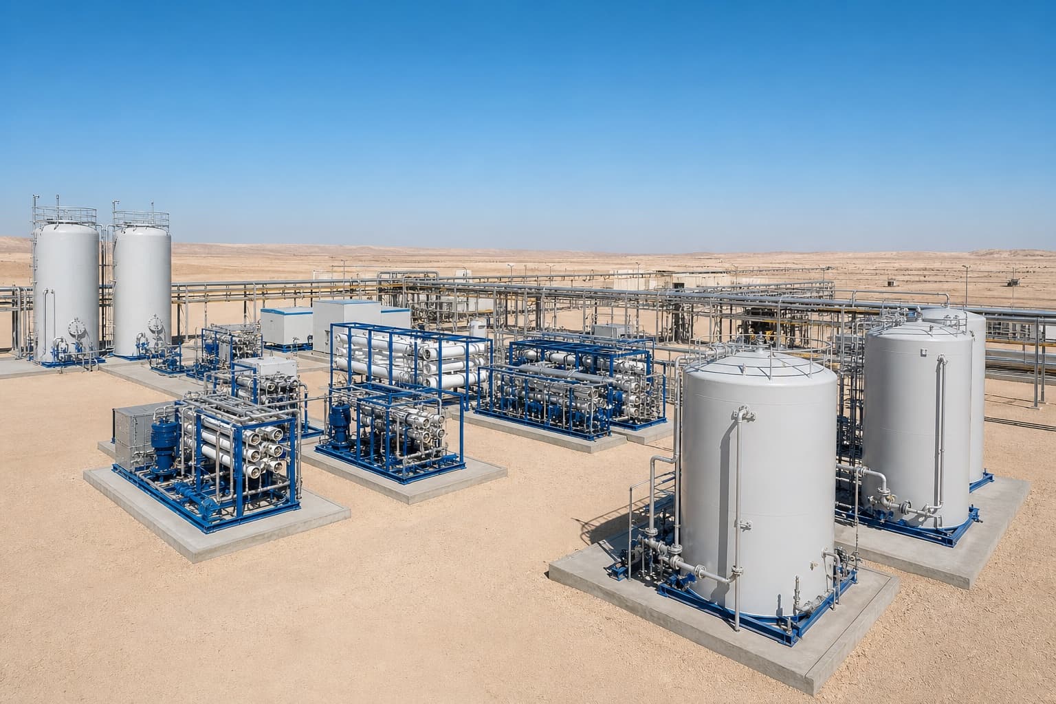 Modular water treatment skids at a desert production site