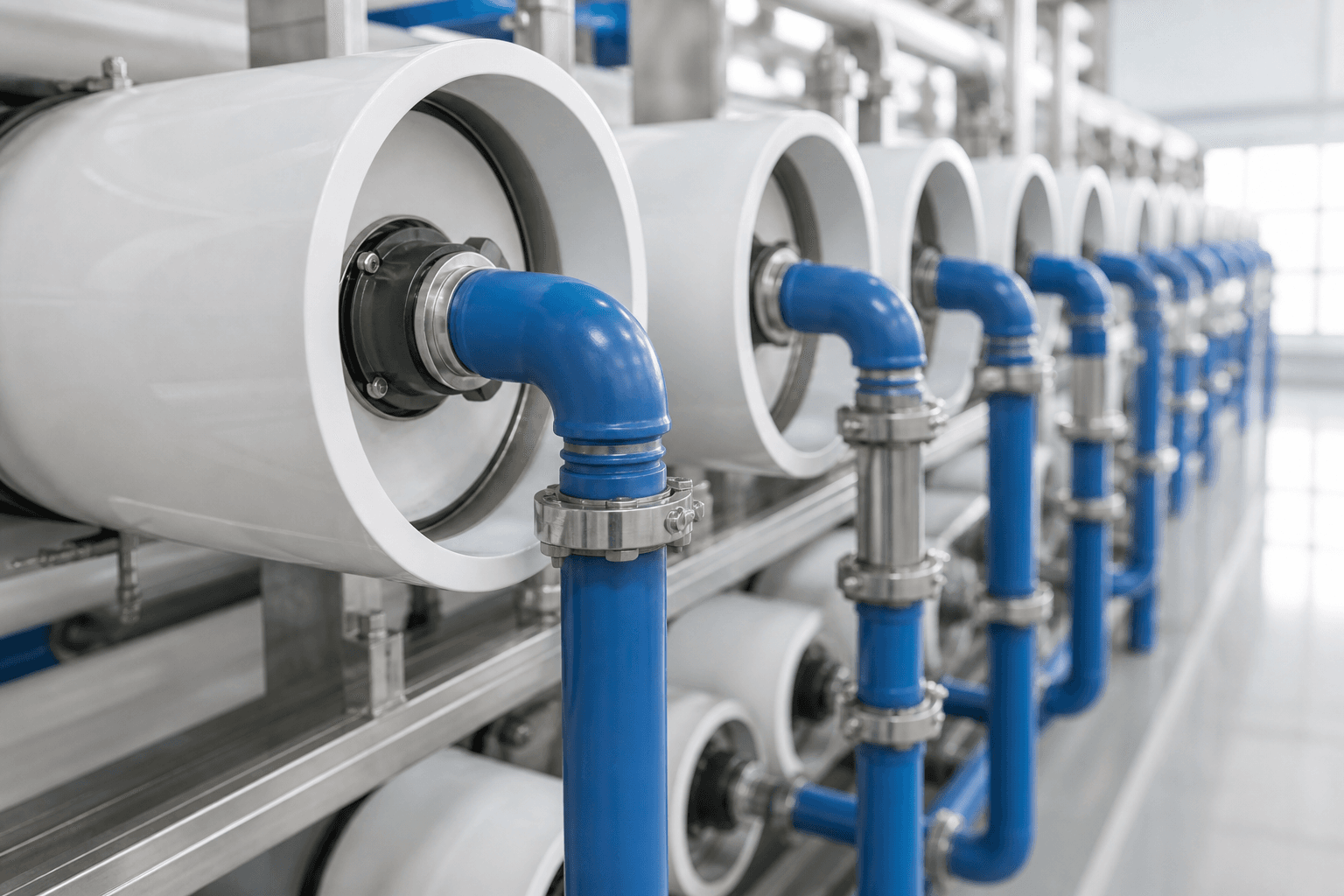 Reverse-osmosis pressure vessel end caps with blue interconnecting piping on a rack, shallow depth of field