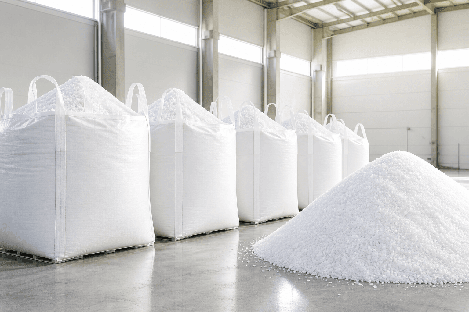 Recovered industrial salts: bulk bags of white crystalline salt and a mound of crystals in a bright warehouse