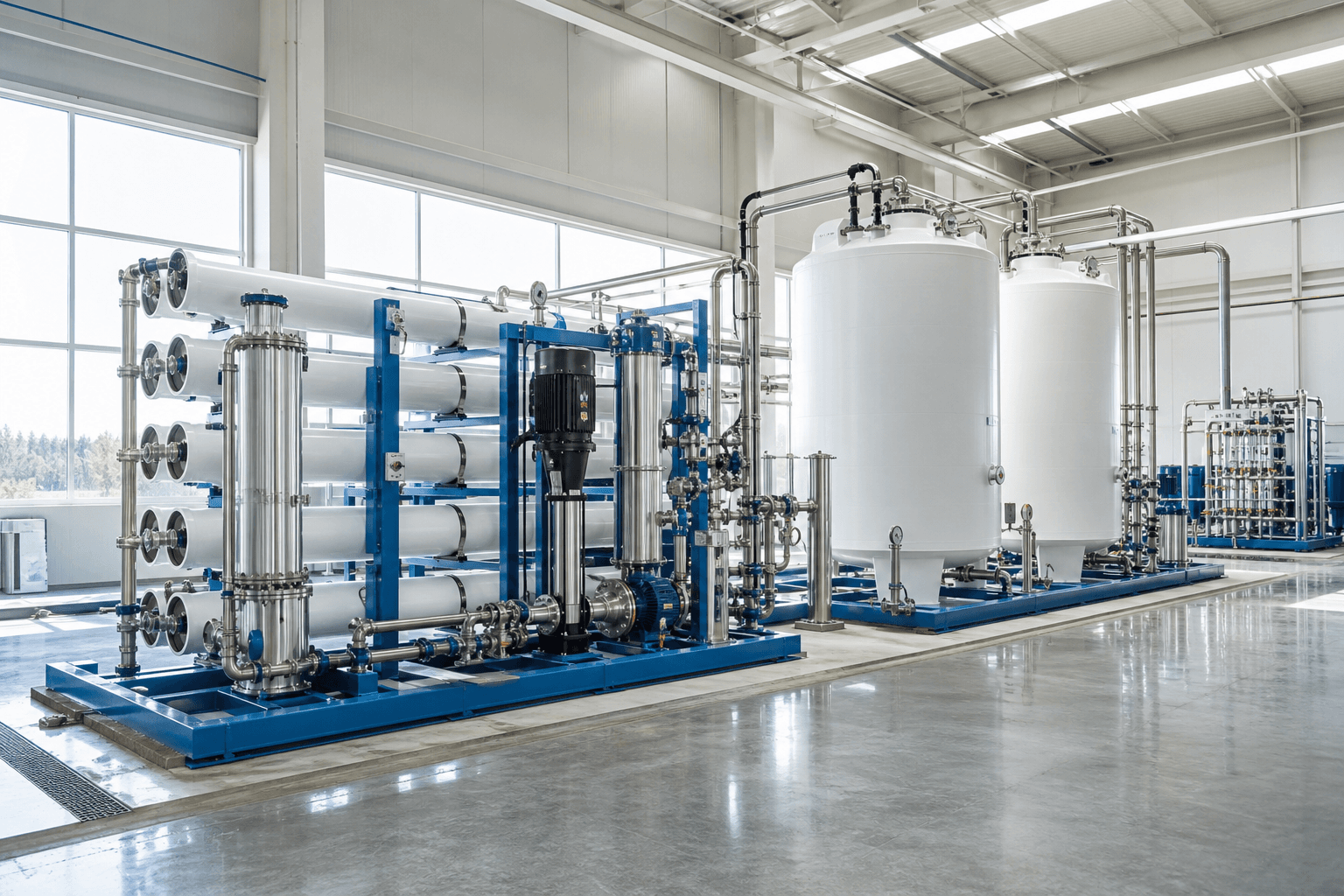 A semi-batch reverse-osmosis installation: pressure-vessel skids beside cylindrical feed tanks in a bright hall
