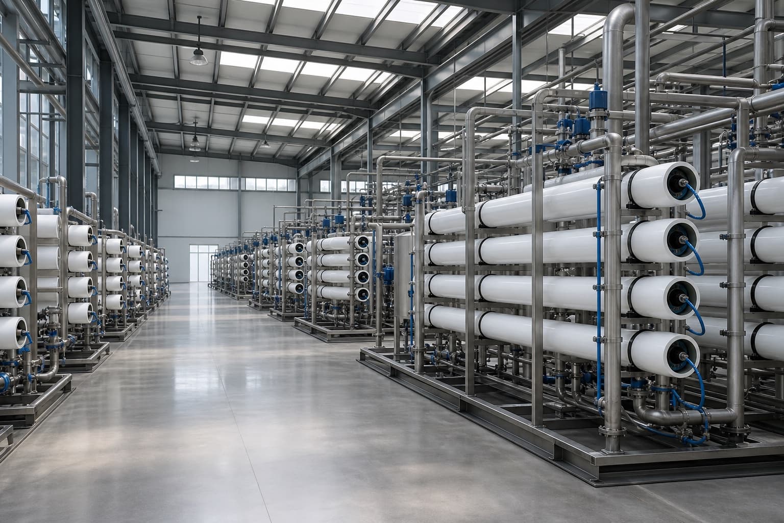 Rows of reverse-osmosis pressure vessels in a bright treatment hall